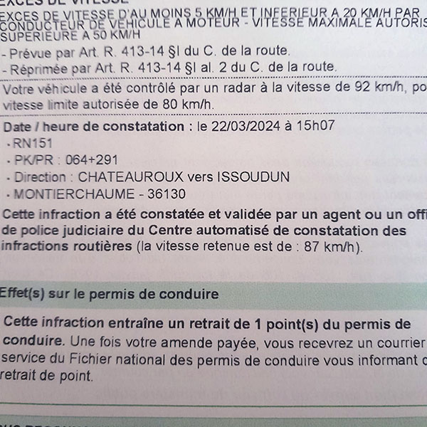 Avis de contravention avec retrait de point