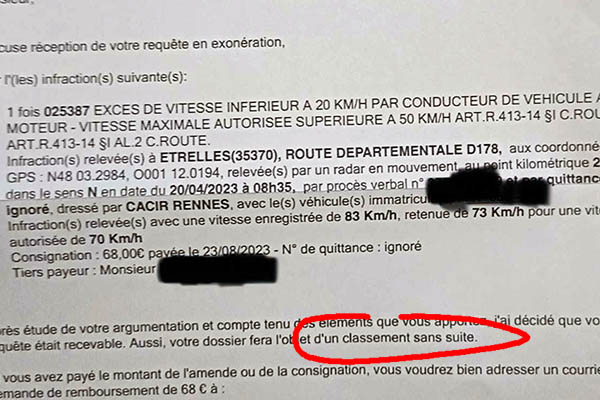 Courrier de classement sans suite