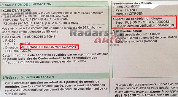 avis de contravention radar tourelle floirac