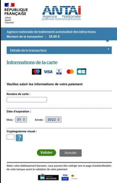 page paiement CB frauduleux antai