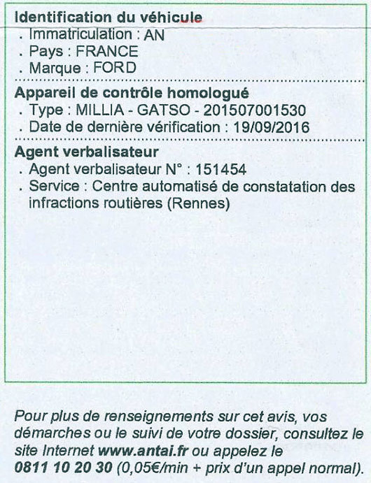 Partie droite Avis de contravention radars 2017