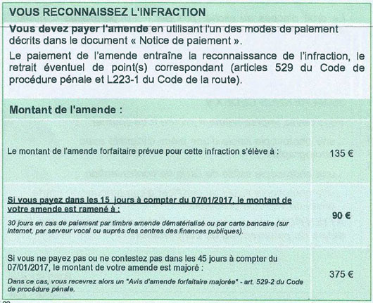 Reconnaissance infraction Avis de contravention radars 2017