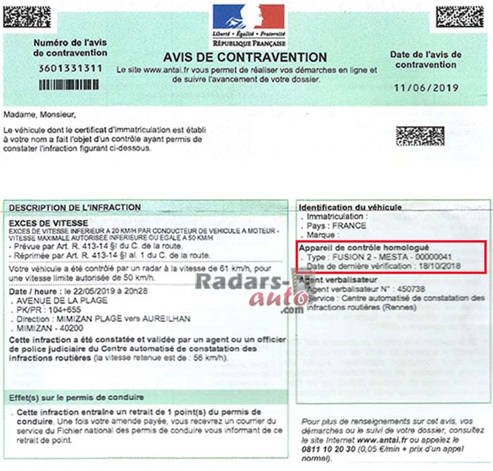 avis de contravention radar tourelle