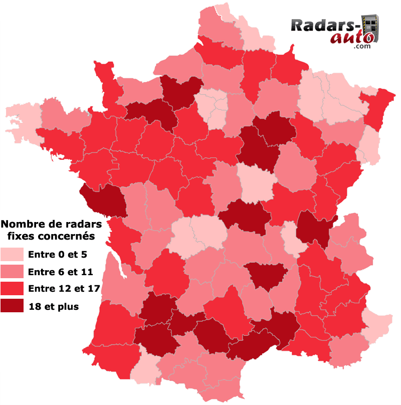 Carte du nombre de radars fixes  80 km/h par dpartement