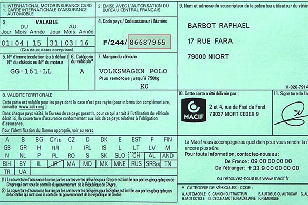 carte verte assurance auto