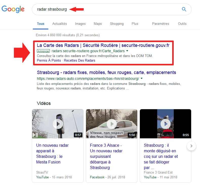 publicit pour la carte des radars dans Google