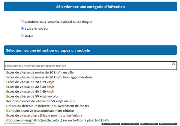 choix des infractions dans le simulateur sanctions