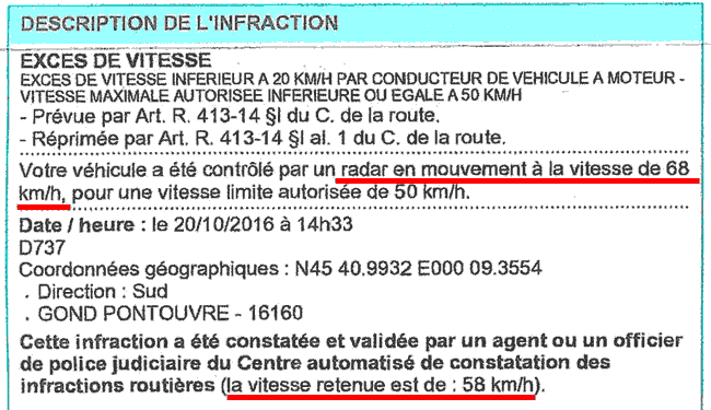 Exemple avis contravention tolrance radar fixe