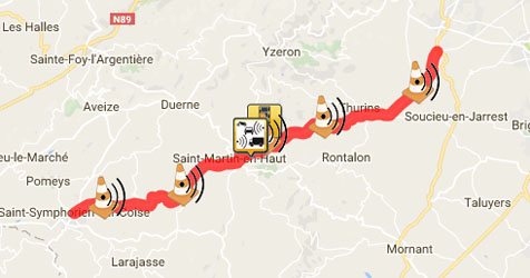 Panneau radar zone leurre entre Saint-Symphorien sur Coise et Brindas 